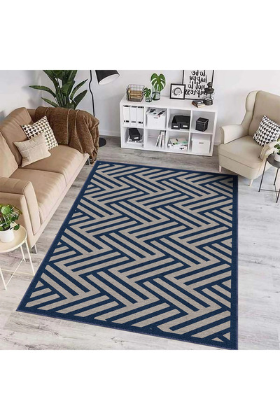 aren.HALI Clota Modern Lacivert Polyester ve Pamuklu Yıkanabilir Kaydırmaz Taban Dijital Baskı Halı