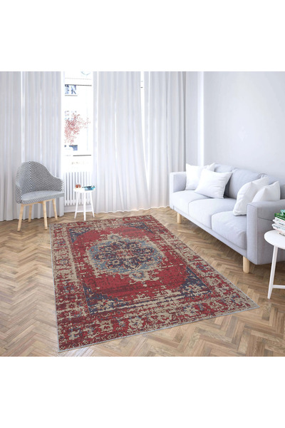 aren.HALI Vella Göbekli Kırmızı Polyester ve Pamuklu Yıkanabilir Kaydırmaz Taban Dijital Baskı Halı