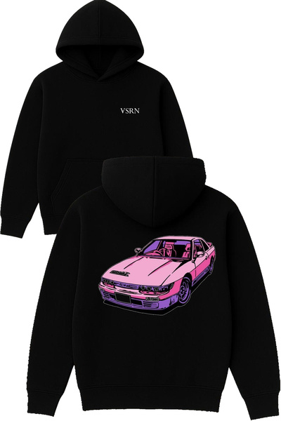 VSRN تصميم السيارة الوردية مطبوع قصة فضفاضة سويت شيرت أسود بغطاء رأس