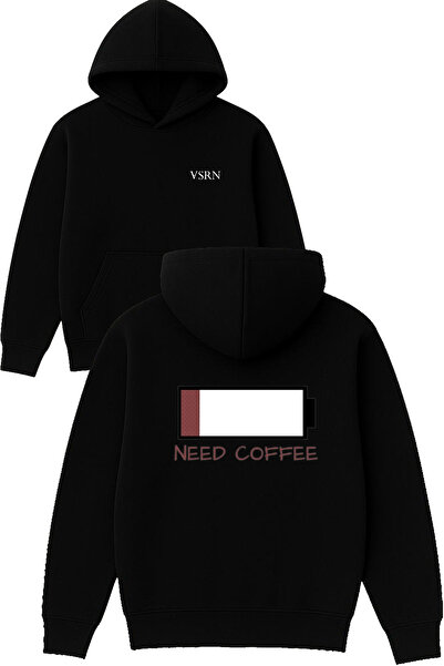 VSRN سويت شيرت نيد كوفي ديزاين مطبوع قصة فضفاضة أسود بغطاء رأس