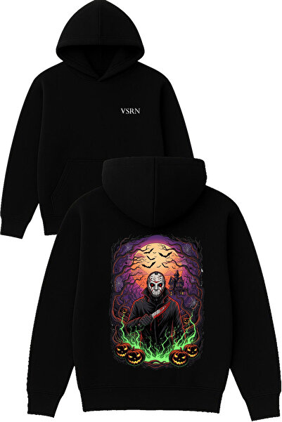 VSRN سترة كاتيل ديزاين مطبوع قصة فضفاضة سوداء بغطاء رأس