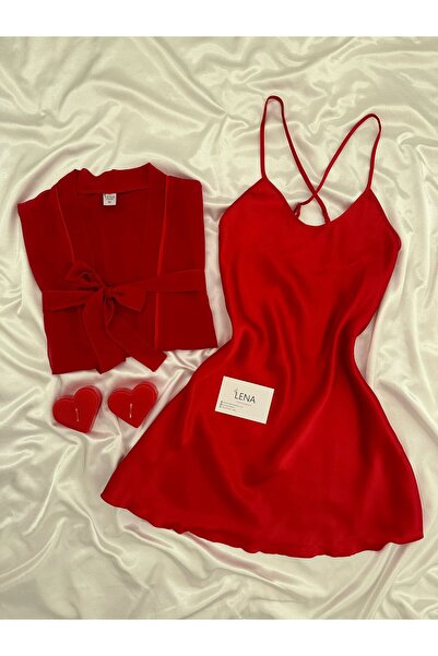 Lena Homewears Red Basic 2-Piece Chiffon Dressing Gown & Satin Nightgown Premium Bridal Set (Boxed)