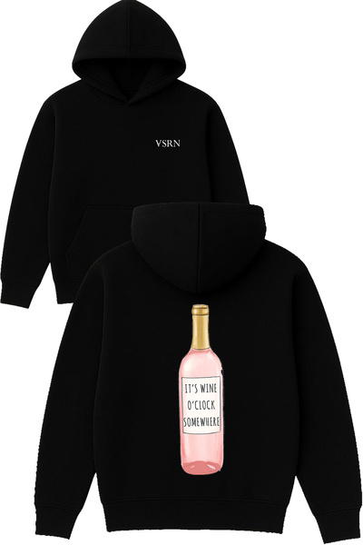 VSRN Hanorac negru supradimensionat cu glugă, imprimat cu design Wine O'Clock