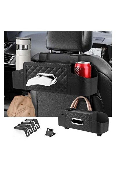 Generic Car Back Seat Storage Organizer with 2 Cup Holders, Tissue Box & Hooks (Black)