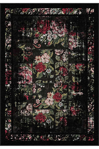Born Desenli Siyah Polyester ve Pamuklu Yıkanabilir Kaydırmaz Taban Dijital Baskı Halısı