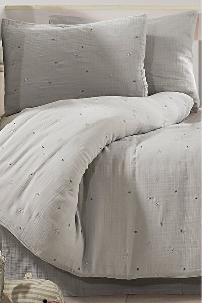 Manora 100% Organic Cotton Muslin Gray Star Figured Embroidered Baby Duvet Cover Set