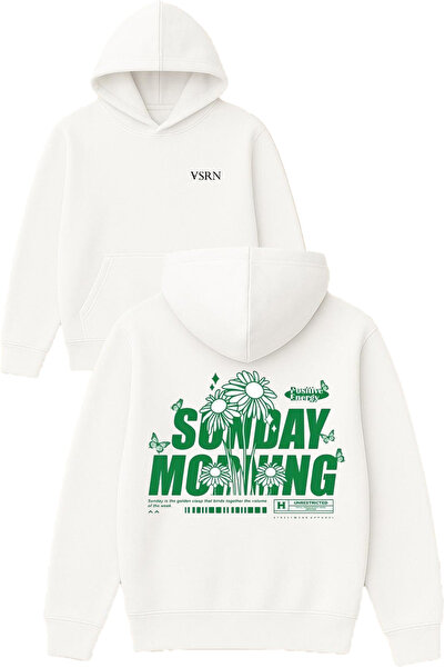 VSRN Sunday Morning Design Hanorac alb supradimensionat cu glugă și imprimeu