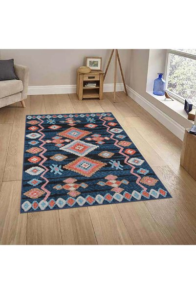 aren.HALI Borgo Geometrik Lacivert Polyester ve Pamuklu Yıkanabilir Kaydırmaz Taban Dijital Baskı Halı