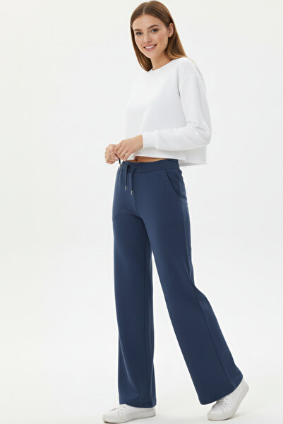 Elemge Pamuklu Kadın Eşofman Altı Yüksek Bel İndigo Mavi Flare Fit Geniş Paça Ipli Cepli Esnek Yumuşak