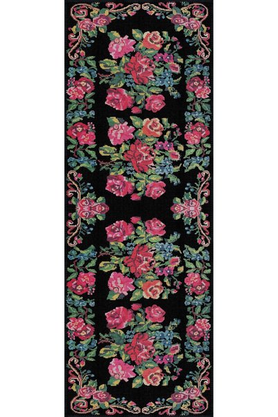 aren.HALI Chambe Çiçekli Siyah Polyester ve Pamuklu Yıkanabilir Kaydırmaz Taban Dijital Baskı Halı