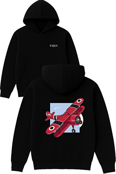 VSRN Hanorac negru supradimensionat cu glugă, imprimat cu design de avion vechi