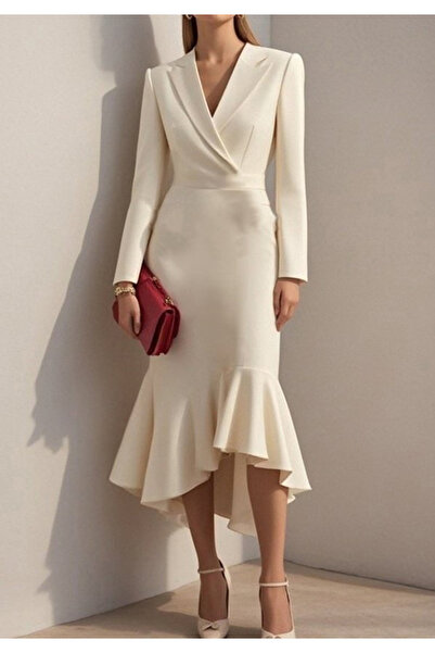Little Visqon Kadın Uzun Kollu Yakalı Belden Oturtmalı Midi İthal Krep Elbise