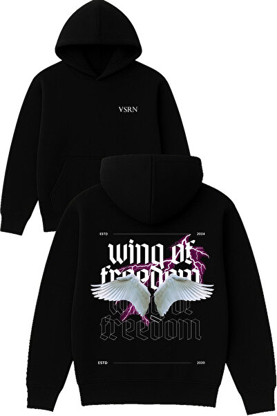 VSRN سترة وينج أوف ديزاين مطبوع قصة فضفاضة سوداء بغطاء رأس