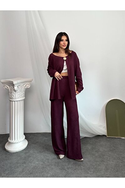 manana fashion Special Design Wrinkled Fabric Buckle Cardigan Pants Set