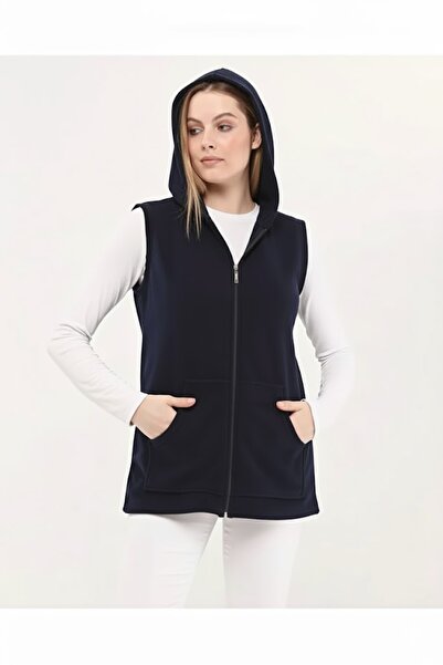 Taşoğlu Collection Hooded Navy Blue Women's Fleece Vest