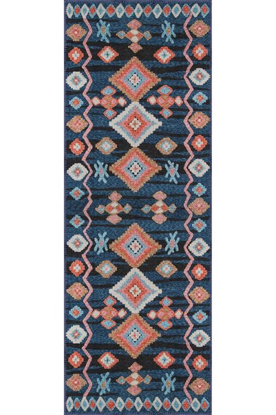aren.HALI Borgo Geometrik Lacivert Polyester ve Pamuklu Yıkanabilir Kaydırmaz Taban Dijital Baskı Halı
