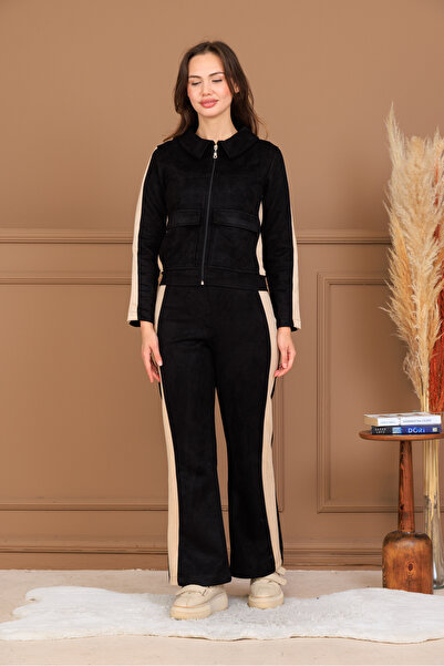 NILO DESGIN طقم نسائي من الجلد الصناعي باللون الأسود والبيج مخطط من الأسفل إل...