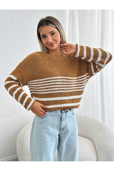 Jose Clothing Mustard Color Crew Neck Striped Sweater