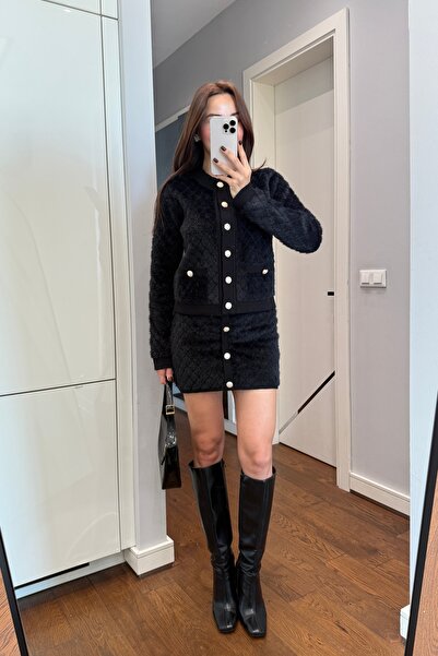 ForOus Feather Stone Button Premium Skirt Cardigan Set