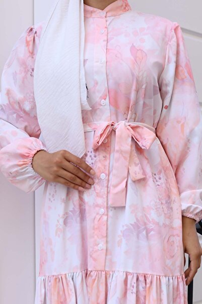 Hiccup Bdart Buttoned and Belted Detail Crew Neck Maxi Dress