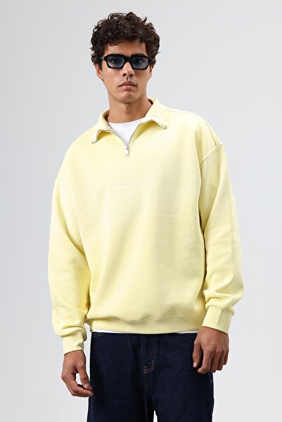 VAMOSCLO Collar Zippered Oversized Sweatshirt Yellow