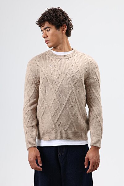VAMOSCLO Oversized Patterned Knitwear Sweater Beige