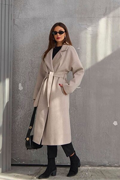 manana fashion Palton lung cu curea din piatră Fishbone