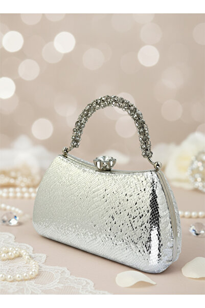 Biçanta Silver Gray Special Design Color Crystal Pattern Stone Handle Women's Evening Dress Bag