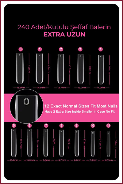 Nera Classy 240 Adet/Kutulu Şeffaf Nail Ipuçları, Uzun Şeffaf Balerin Fransız...