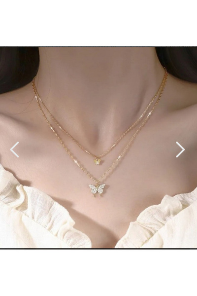 İnci Çift katlı kelebek tasarım kolye