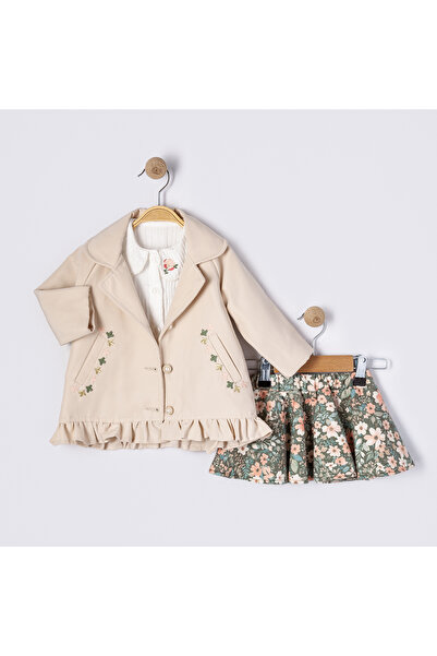 PARK BEBE Baby Girl Cream Trench Coat Suit Floral Embroidered 3 Pieces