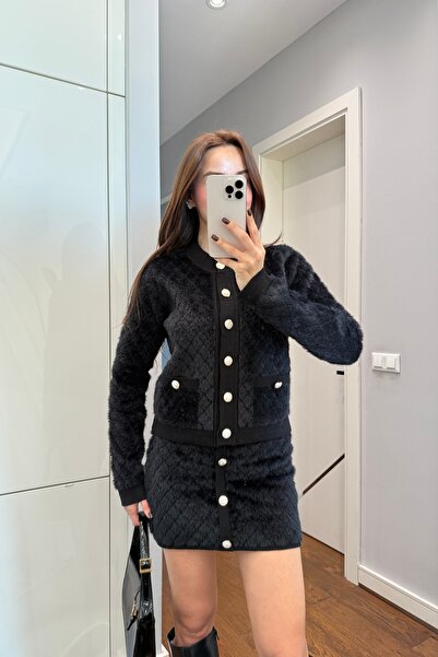 ForOus Feather Stone Button Premium Skirt Cardigan Set