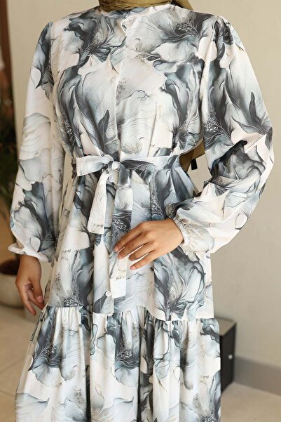 Hiccup Bdart Buttoned and Belted Detail Crew Neck Maxi Dress