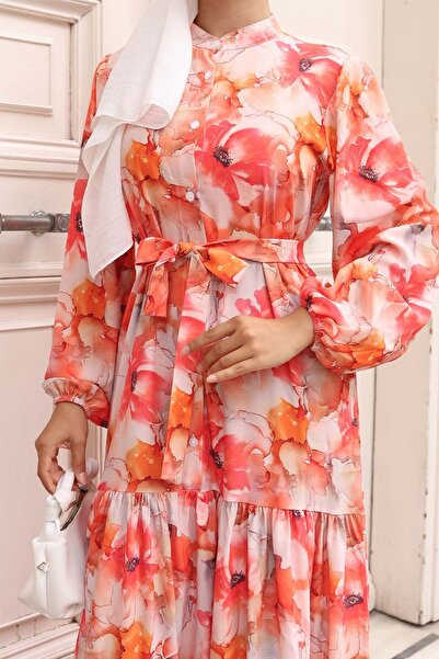 Hiccup Bdart Buttoned and Belted Detail Crew Neck Maxi Dress