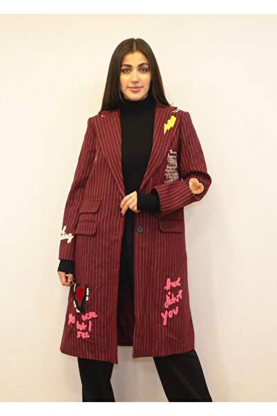 NEW JOURNAL Palton de damă cu broderie burgundă și design detaliat New-001
