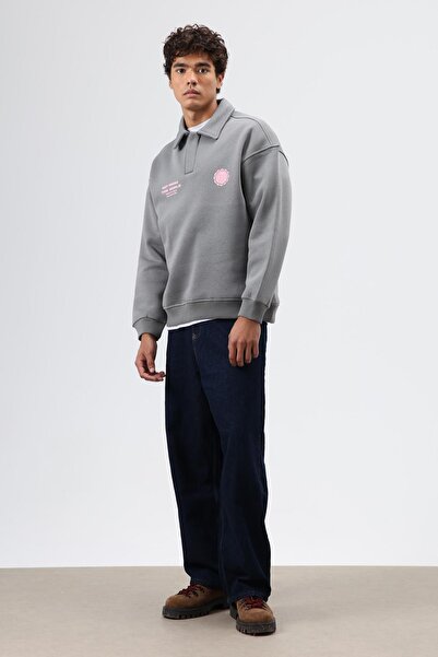 VAMOSCLO Polo Yaka Oversized Printed Washable Sweatshirt Smoked