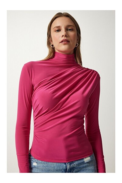 NorthAK Women's Pink Ruched Detail Mock Neck Sandy Blouse Standard