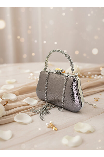 Biçanta Platinum Crystal Pattern Pearl Detailed Stone Handle Evening Bag Night Wedding Engagement Graduation Portfolio