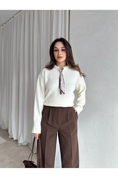 HARMONY GLOBAL Pulover din tricot cu textura moale, cu guler ecru, cu eșarfă – Pulover elegant pentru femei cu mâneci lungi 2535