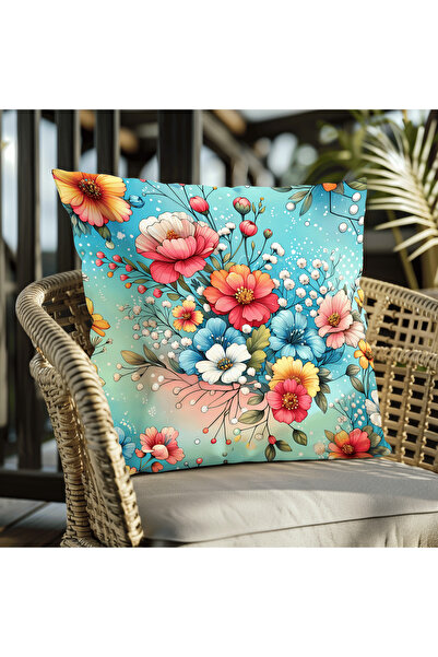 Piloji Floral Patterned Pillow in Blue Tones – High Quality Digital Printed F...