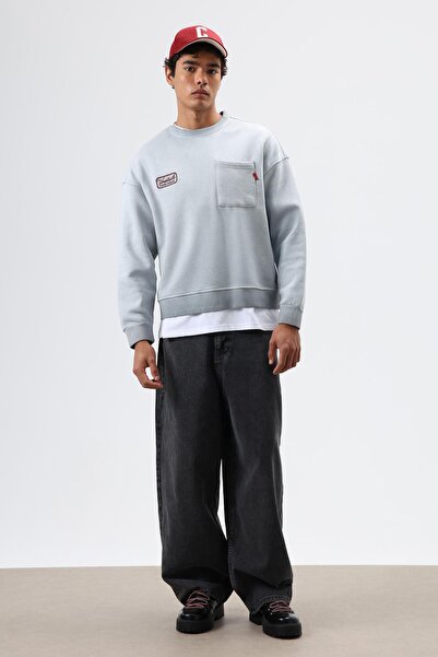 VAMOSCLO Oversized Crew Neck Sweatshirt with Pockets Gray