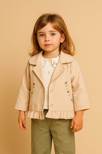 PARK BEBE Baby Girl Cream Trench Coat Suit Floral Embroidered 3 Pieces