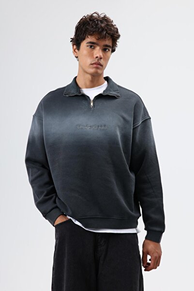 VAMOSCLO Collar Zippered Oversize Sweatshirt Black