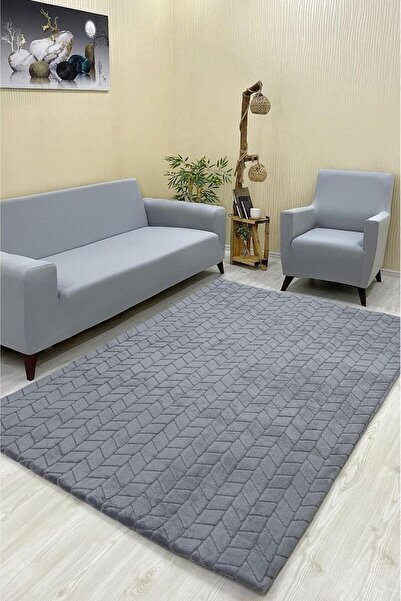 Şahaneev Tekstil Baklava Model Welsoft Halı Örtüsü Koyu Gri Renk