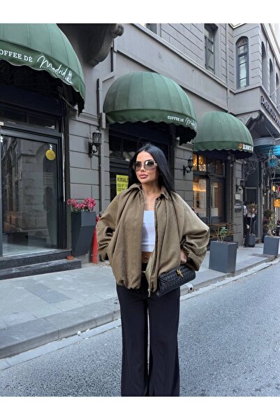 manana fashion Suede Zippered Oversized Bomber Jacket