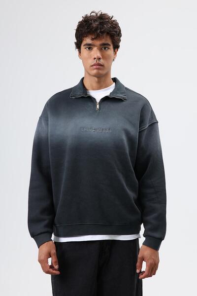 VAMOSCLO Collar Zippered Oversize Sweatshirt Black