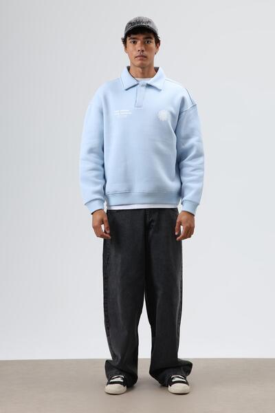 VAMOSCLO Polo Neck Oversized Printed Washable Sweatshirt Baby Blue