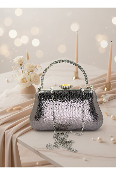 Biçanta Platinum Crystal Pattern Pearl Detailed Stone Handle Evening Bag Night Wedding Engagement Graduation Portfolio