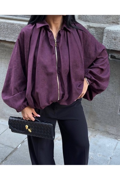 manana fashion سترة قصة فضفاضة بومبر من جلد الغزال بسحّاب