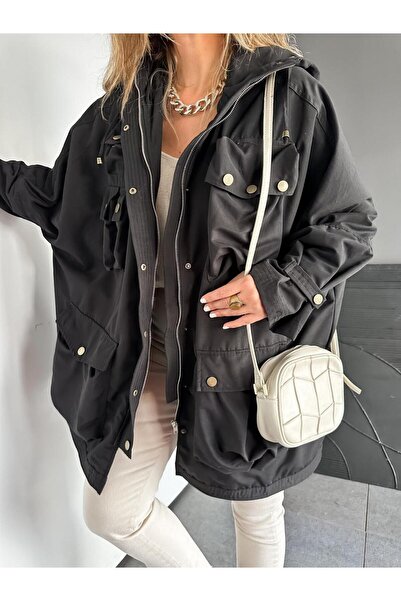 Zerrincan Giyim Siyah Safari Cepli Çıtçıtlı Tasarım Trençkot